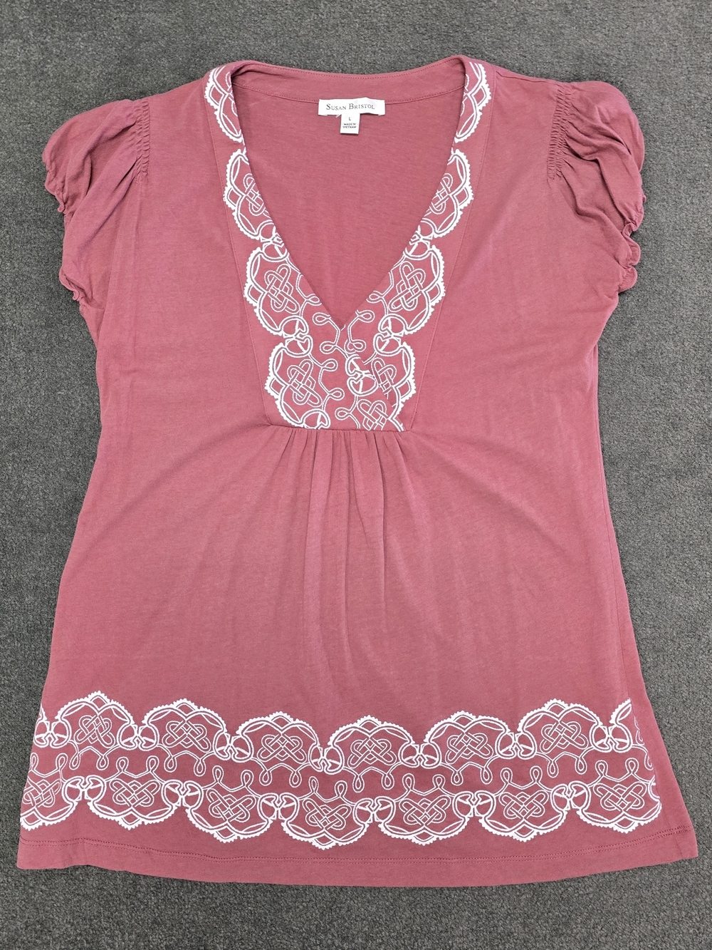 Susan Bristol Embroidered V-Neck Puff Sleeve 100% Cotton Top Large